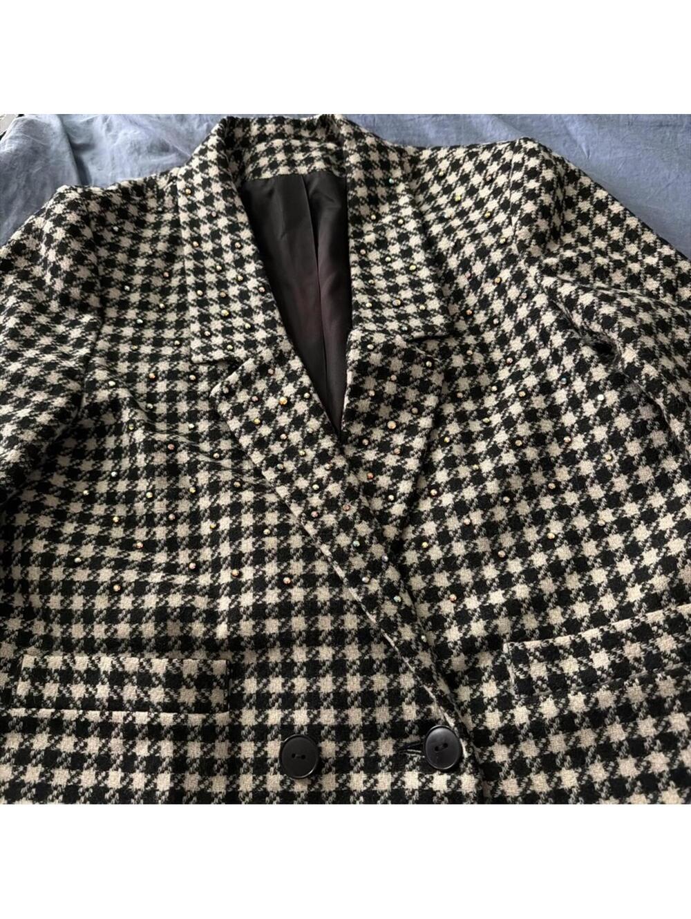 Vtg Stephen Douglas Houndstooth 100% Wool Blazer Rhinestone Embellished Glam L